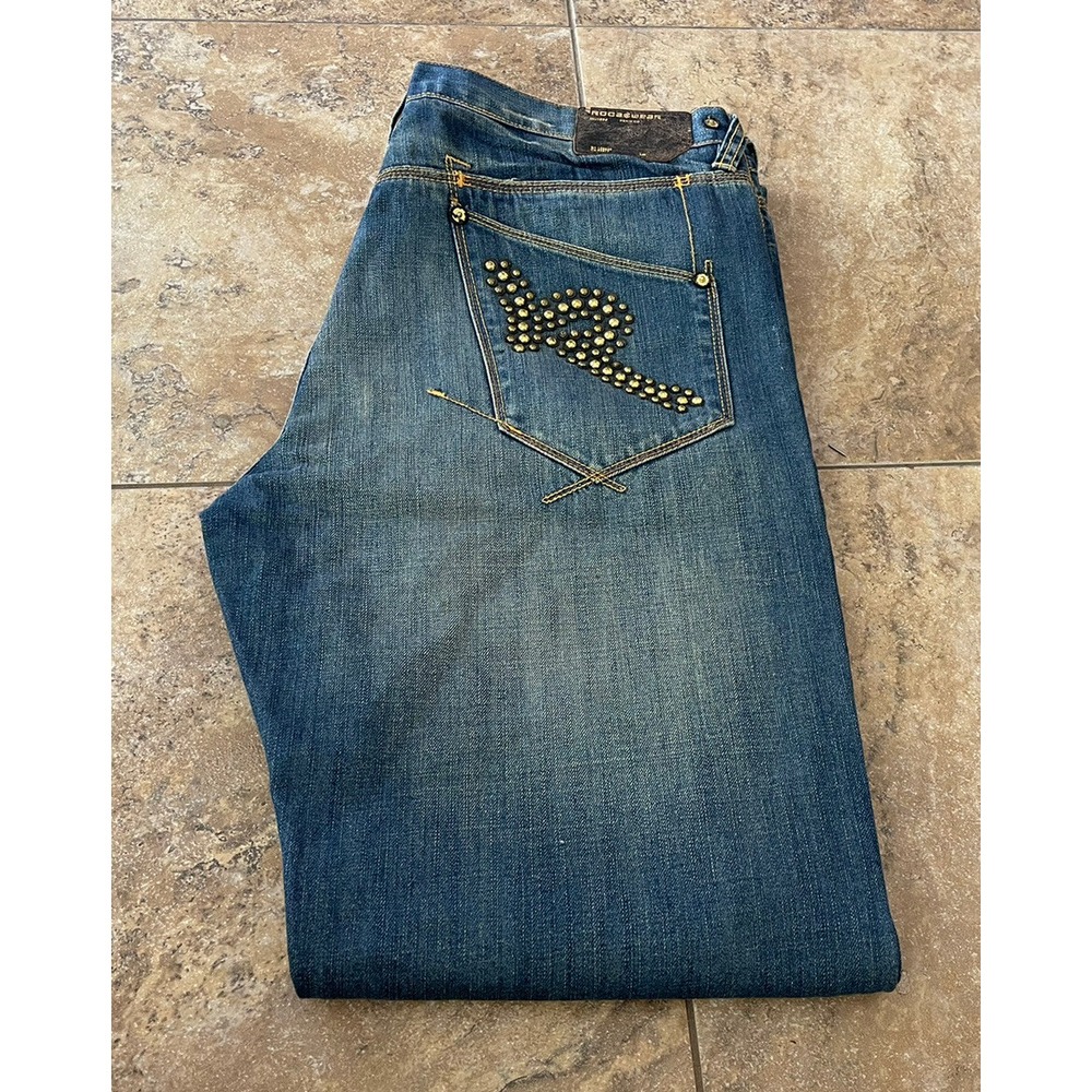 RocaWear Jeans Mens 38x34 Blue Straight Wide Leg Embroidered Logo Stitch